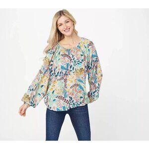 Tolani Collection Size Large Colorful Artsy Floral Long Puff Sleeve Blouse Top